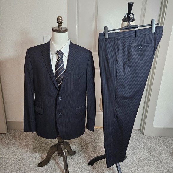 Saks Fifth Avenue 44R 2PC Wool Suit Blazer Men Pants 37x29 Navy Striped